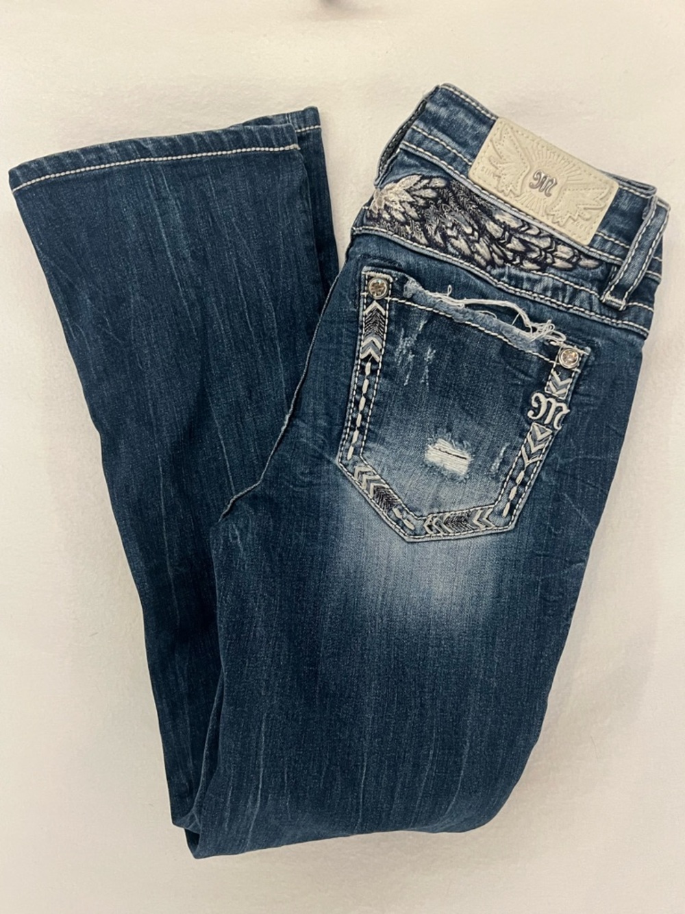 Miss Me Y2K Wing Embroidered Rhinestone Distressed Chloe Boot Cut Jeans Size 26